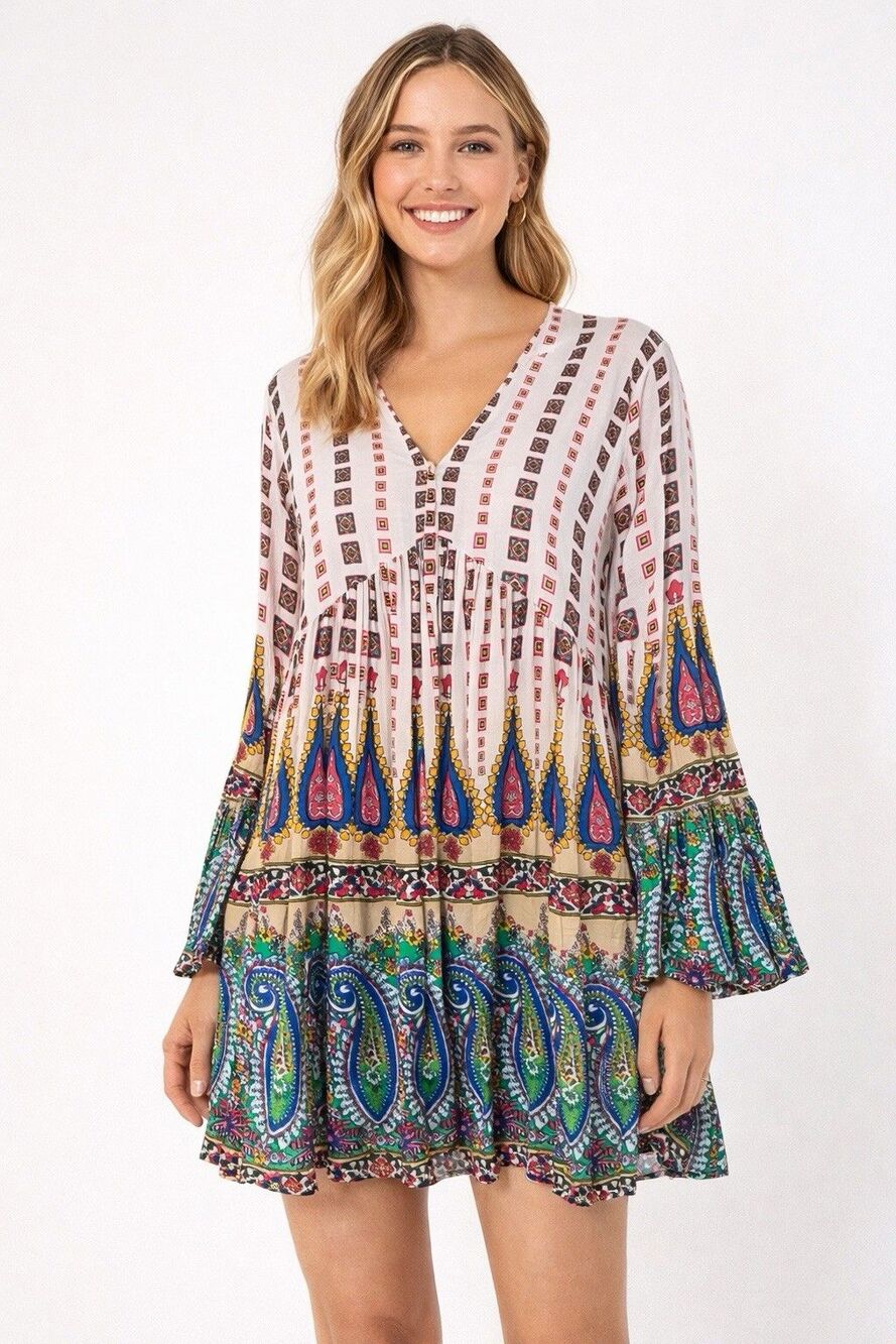 Umgee Boho Paisley Print V-Neck Mini Dress Long Sleeve Size L Flowy